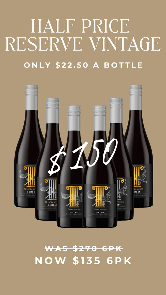 Six bottles of Foxtrot Pinot Noir Reserve 2016 displayed together, featured in a special End of Vintage offer – $22.50 per bottle. Premium aged Pinot Noir with elegant labels, highlighting rarity and final release pricing.