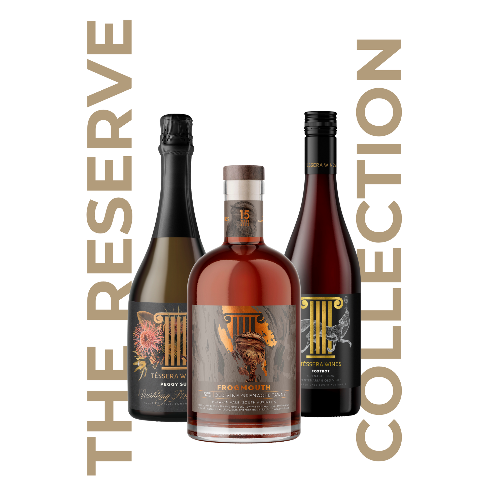 Three wine bottles with labels on a white background, featuring 'The Reserve Collection' text.